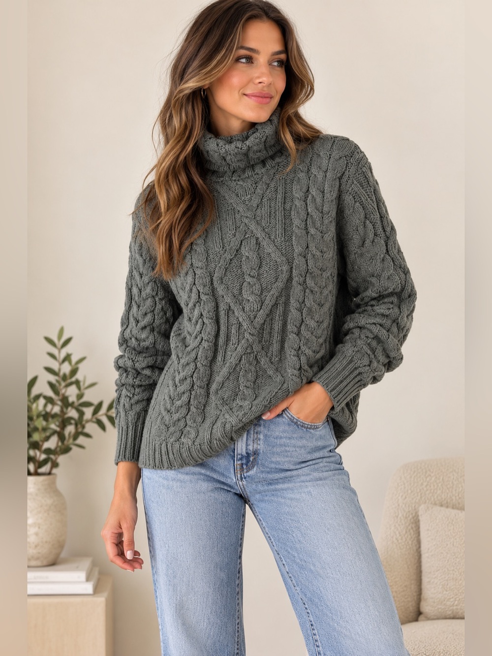 Aran Mor Ireland 100% Merino Wool Cable Knit Turtleneck Sweater Grey Sage